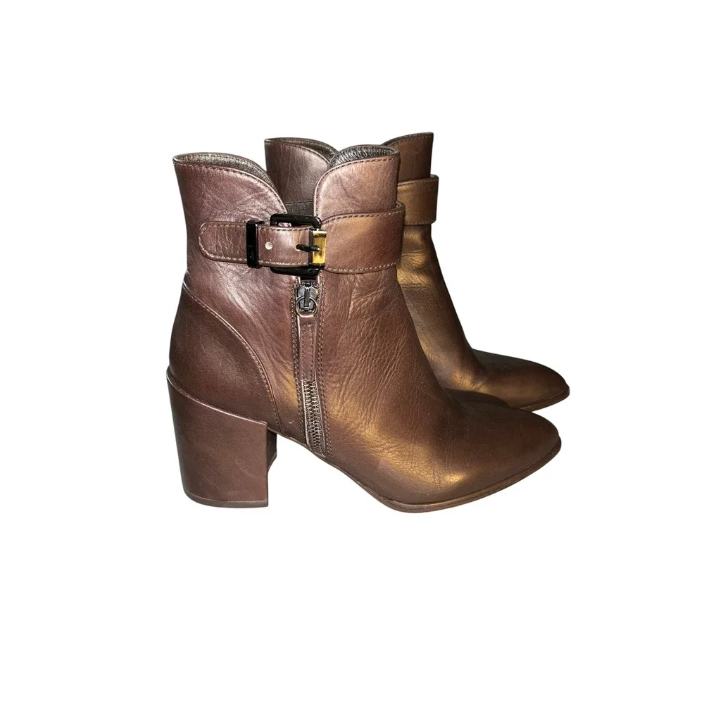 Stuart Weitzman Brown Leather Buckle Ankle Boots Pointed Toe Block Heel Size 8.5